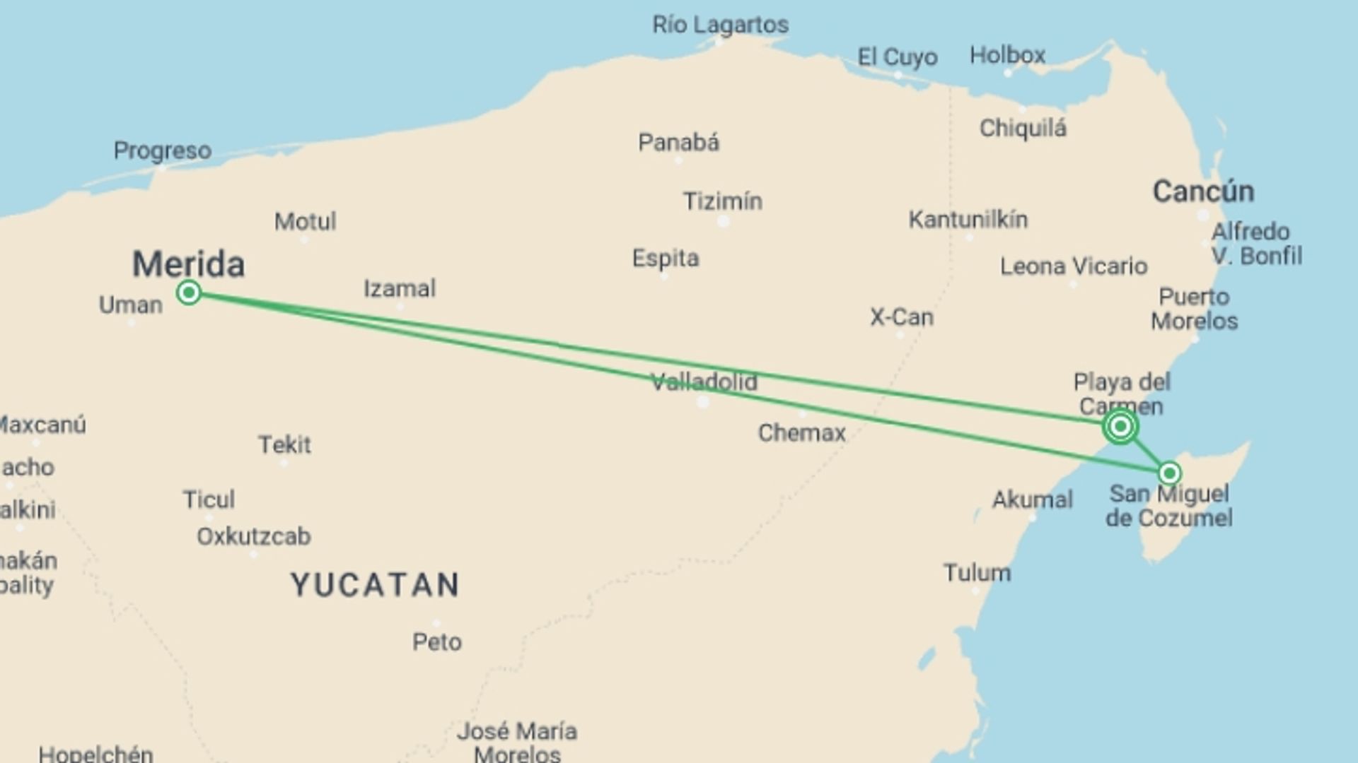 A map showing the tour itinerary for the trip: Mexico Family Journey: The Heart of the Yucatán, starting in Playa Del Carmen, Mexico and ending in Playa Del Carmen, Mexico going through 2 other destinations.