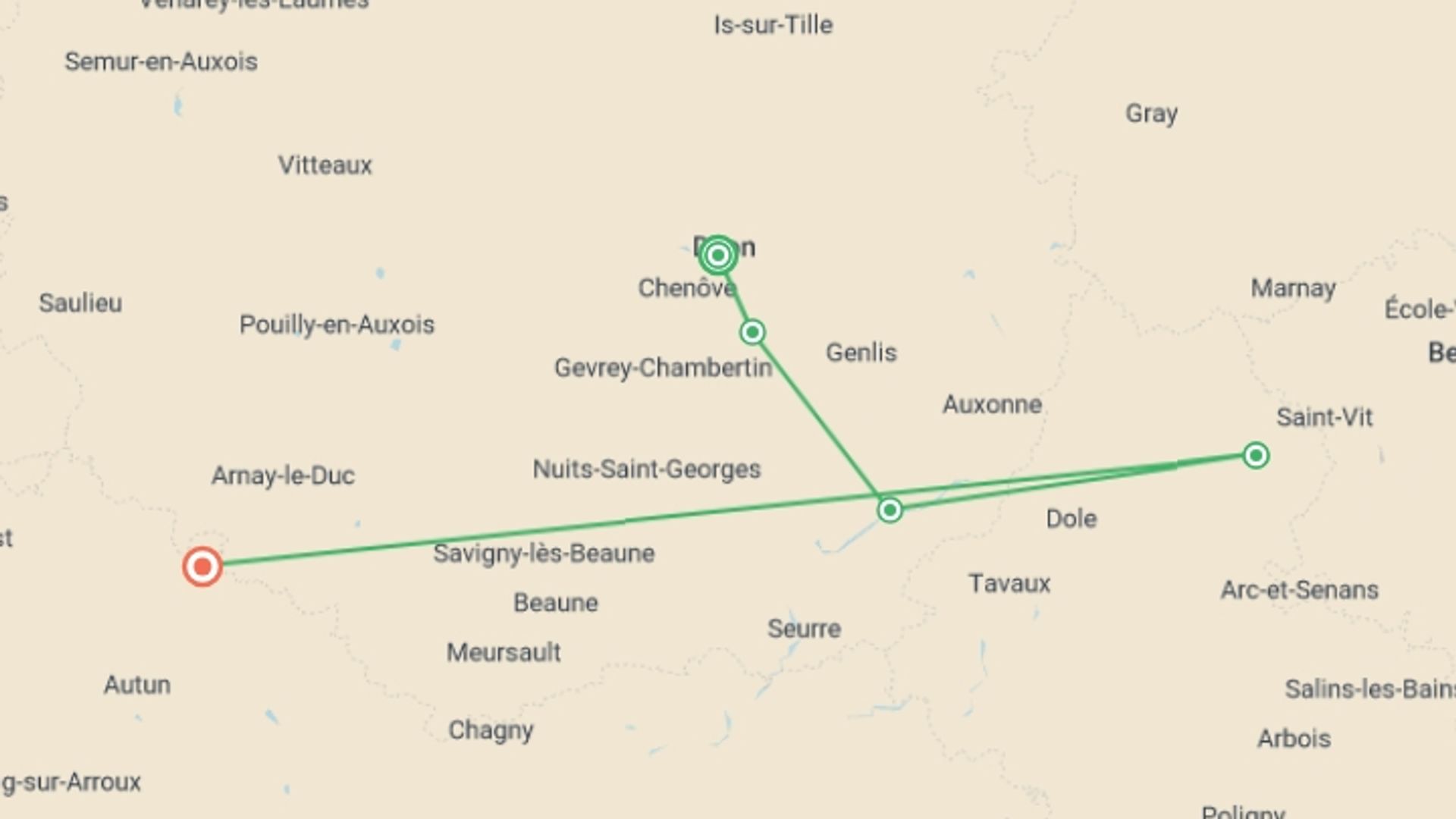 A map showing the tour itinerary for the trip: Remarkable Sites and Fine Wines on a Cruise through the Doubs Valley and Burgundy (port-to-port cruise), starting in Dijon, France and ending in Burgundy, France going through 3 other destinations.