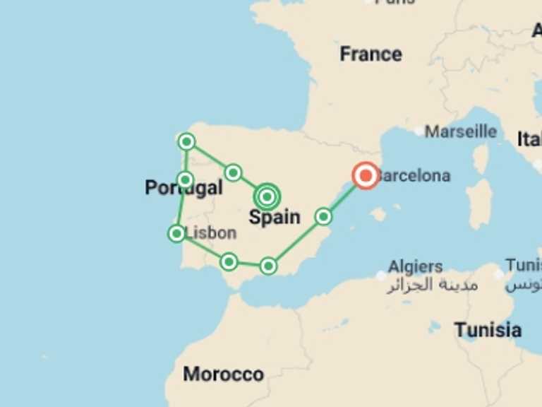 Map itinerary of Spain Tour in March 2027 with 9 destination visits for the trip: Treasures of Spain and Portugal