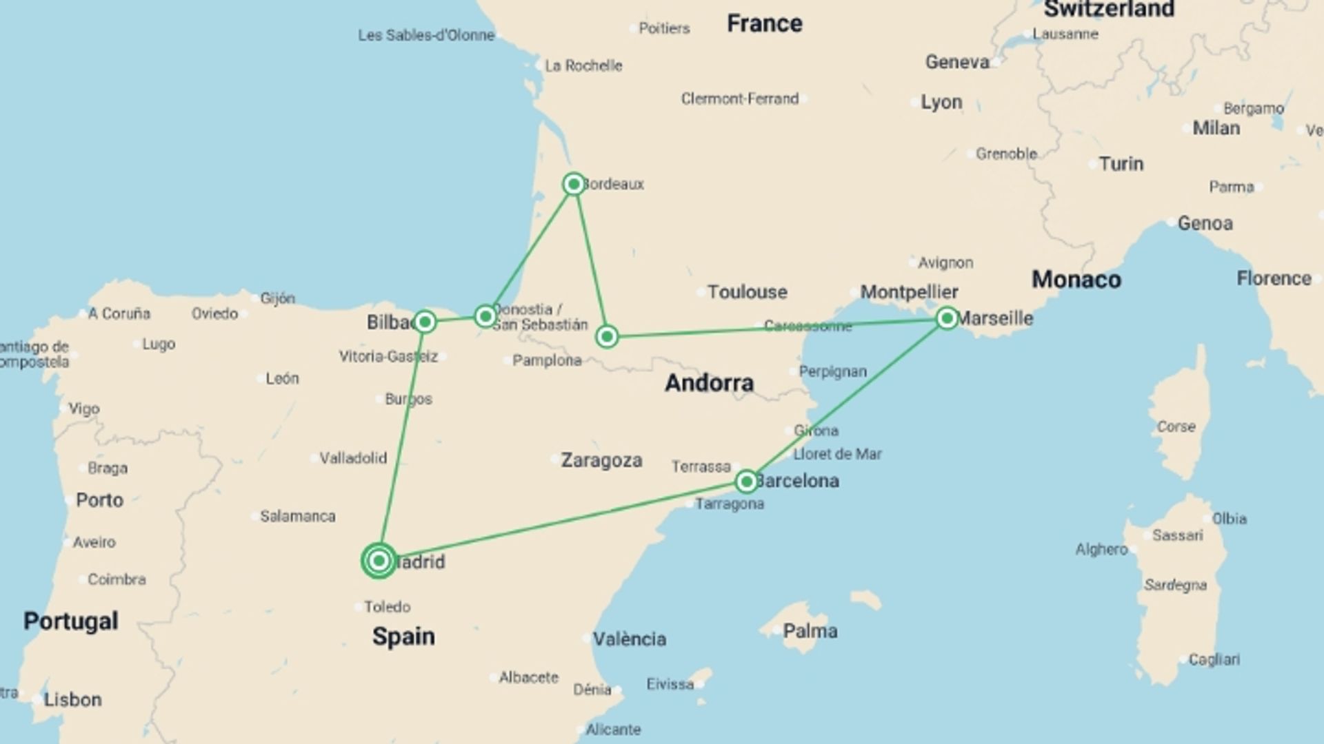A map showing the tour itinerary for the trip: Basque Country, Lourdes, Provence and Barcelona, starting in Madrid, Spain and ending in Madrid, Spain going through 6 other destinations.