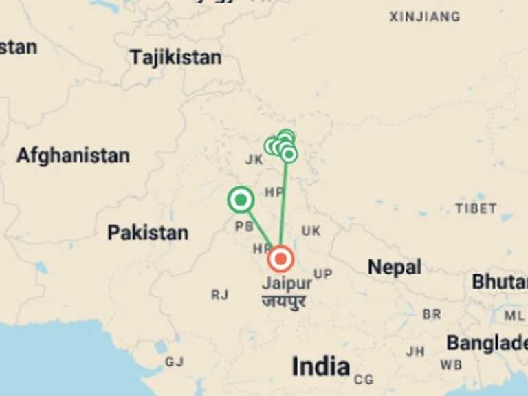 Map itinerary of South Asia Tour in August 2026 with 8 destination visits for the trip: Discover India's Little Tibet and Nubra Valley