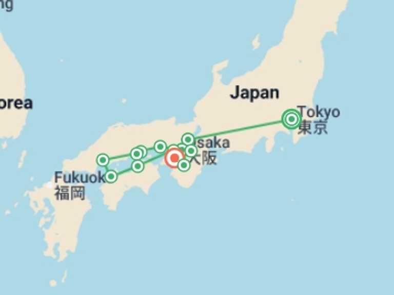 Map of Japan Tour with 9 destination visits for the trip: Japan Explorer