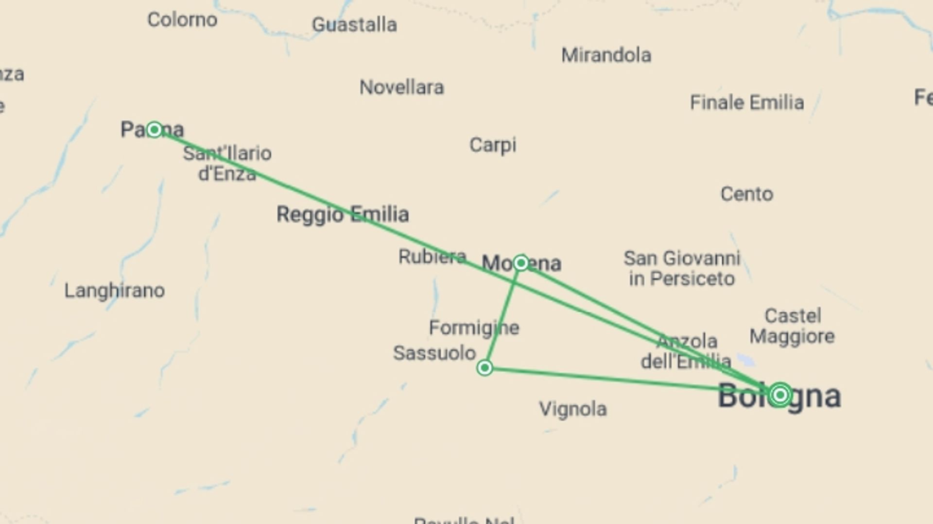 A map showing the tour itinerary for the trip: Gastronomic Bologna, Ferrari & Parma - 4 days , starting in Bologna, Italy and ending in Bologna, Italy going through 0 other destinations.