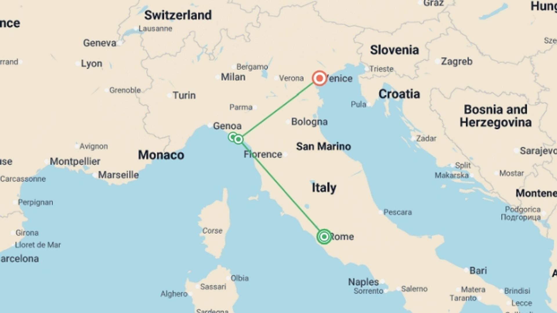 A map showing the tour itinerary for the trip: Cinque Terre Escape from Rome, starting in Rome, Italy and ending in Venice, Italy going through 2 other destinations.