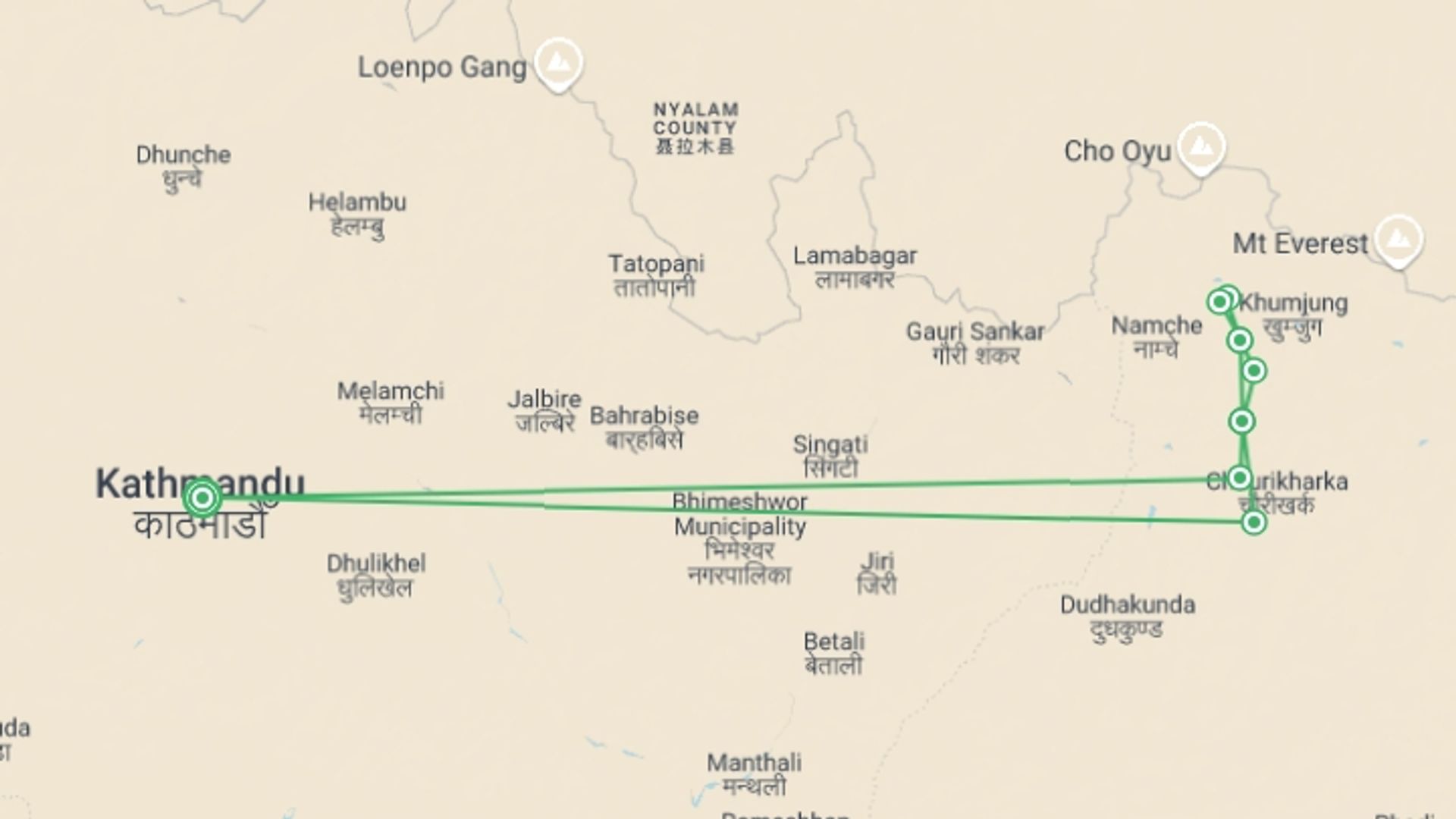 A map showing the tour itinerary for the trip: Gokyo Lake Trek, starting in Kathmandu, Nepal and ending in Kathmandu, Nepal going through 8 other destinations.