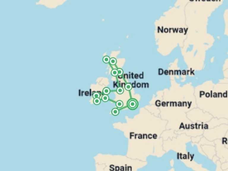 Map itinerary of UK and Britain Tour in August 2026 with 13 destination visits for the trip: Britain and Ireland Panorama