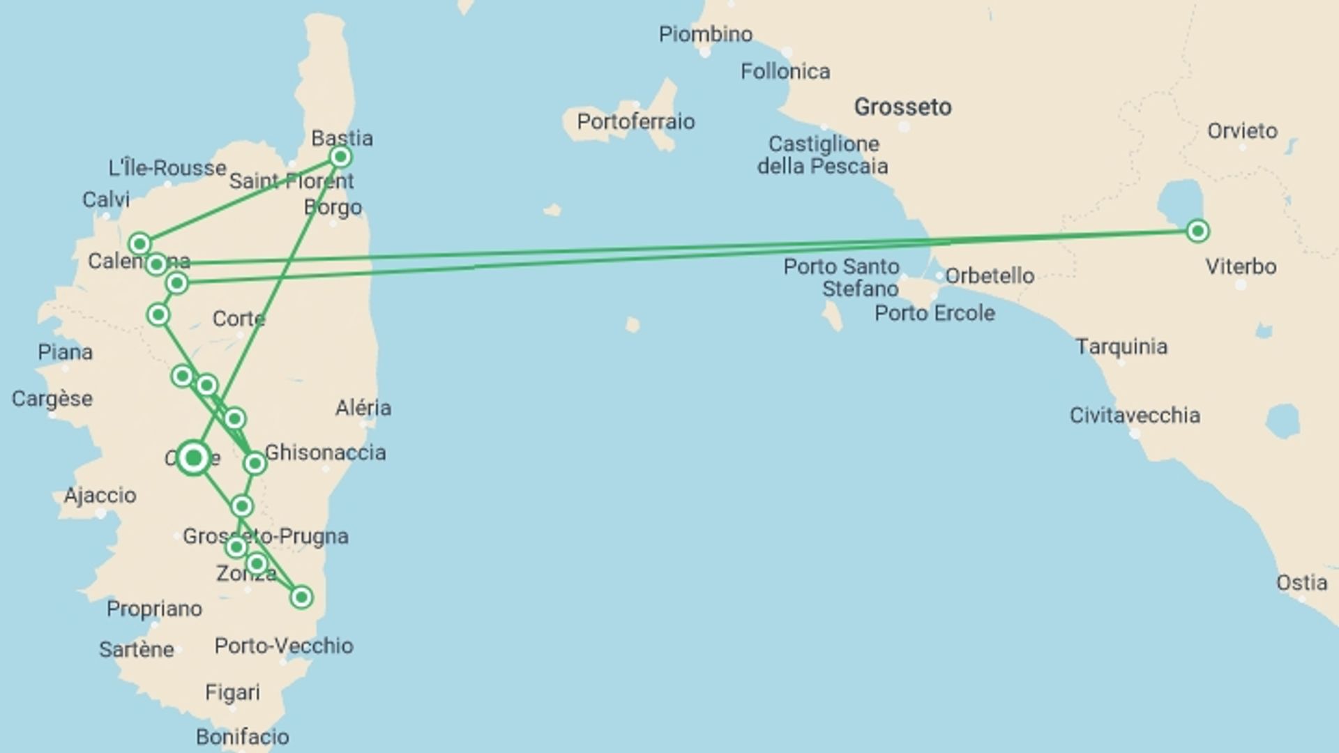 A map showing the tour itinerary for the trip: Trek the GR20 of Corsica, starting in Corsica, France and ending in Corsica, France going through 14 other destinations.