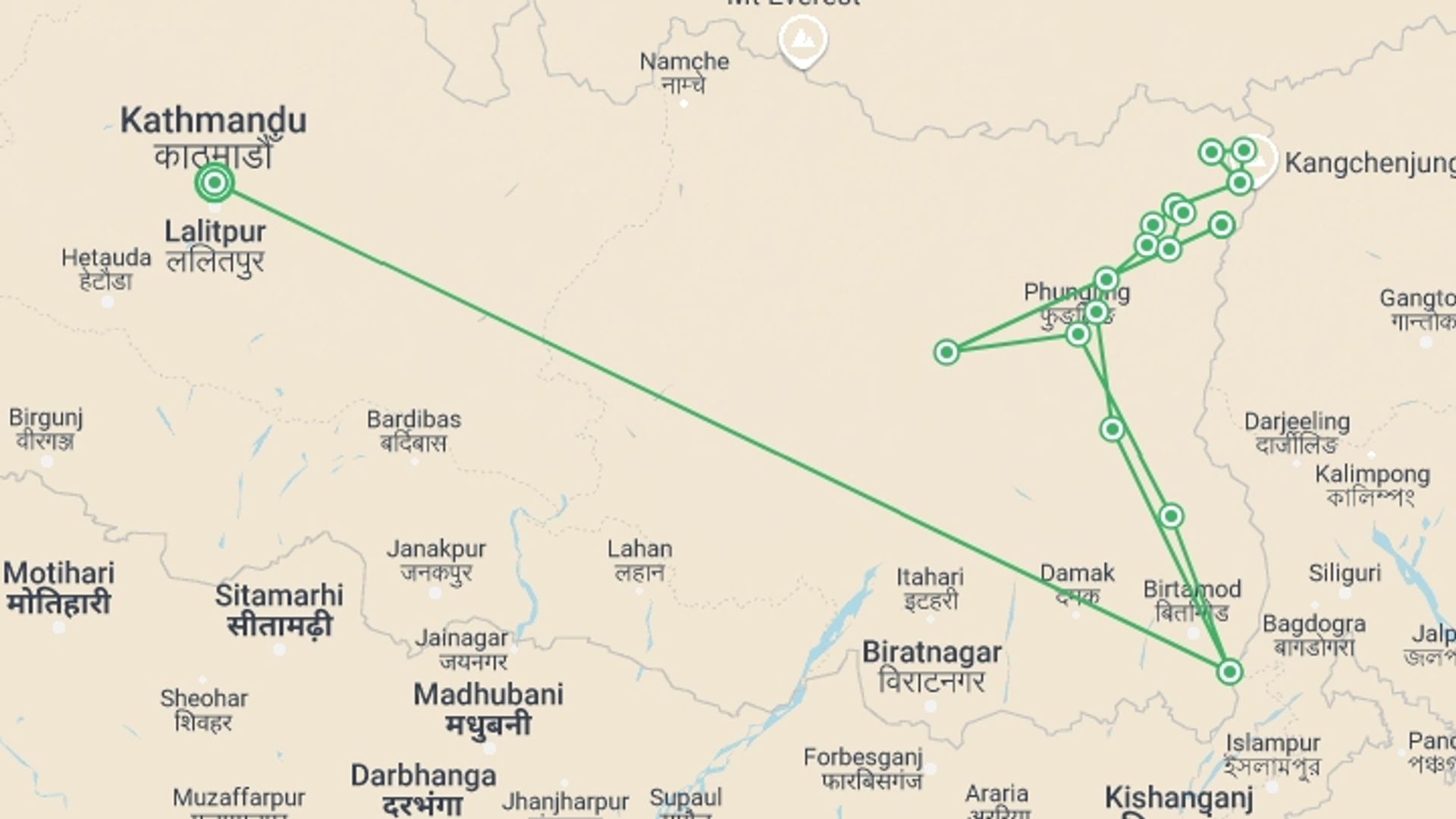 A map showing the tour itinerary for the trip: Kanchenjunga Base Camp, starting in Kathmandu, Nepal and ending in Kathmandu, Nepal going through 14 other destinations.