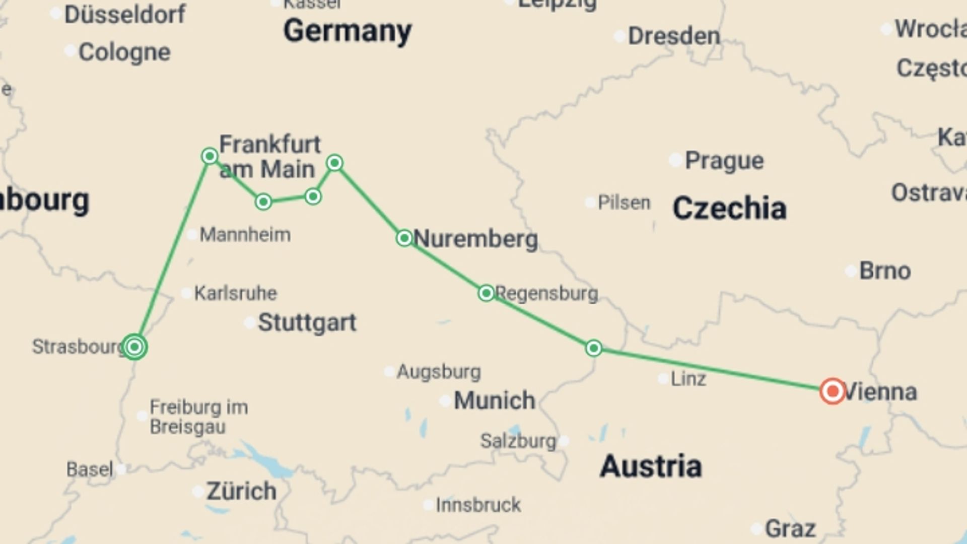 A map showing the tour itinerary for the trip: Cruise through the Heart of Europe from the Rhine to the Danube (port-to-port cruise), starting in Strasbourg, France and ending in Vienna, Austria going through 7 other destinations.