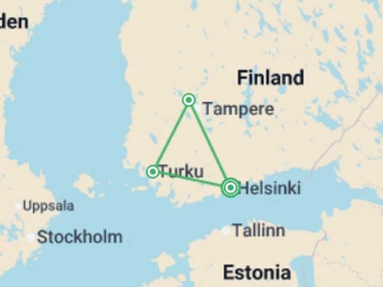 Map of Finland Tour with 3 destination visits for the trip: Cities of South Finland - 8 days