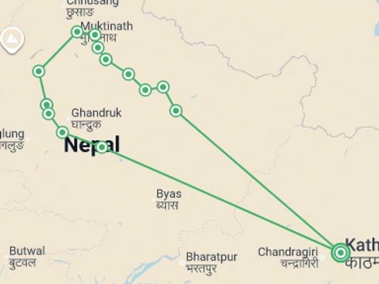 Map itinerary of Nepal Tour in September 2026 with 15 destination visits for the trip: Annapurna Circuit Trek
