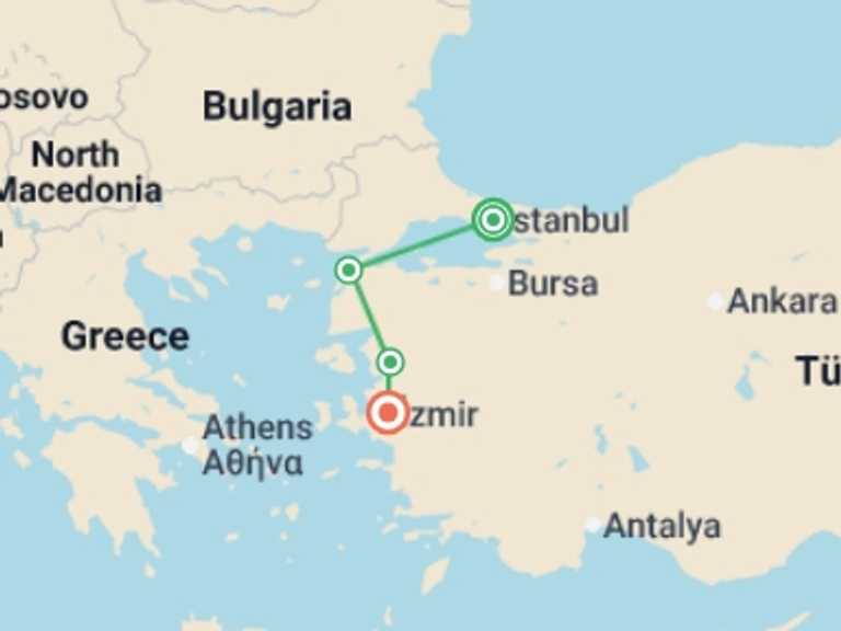 Map itinerary of Balkans Tour in October 2026 with 8 destination visits for the trip: Western Turkey Explorer - 5 Days