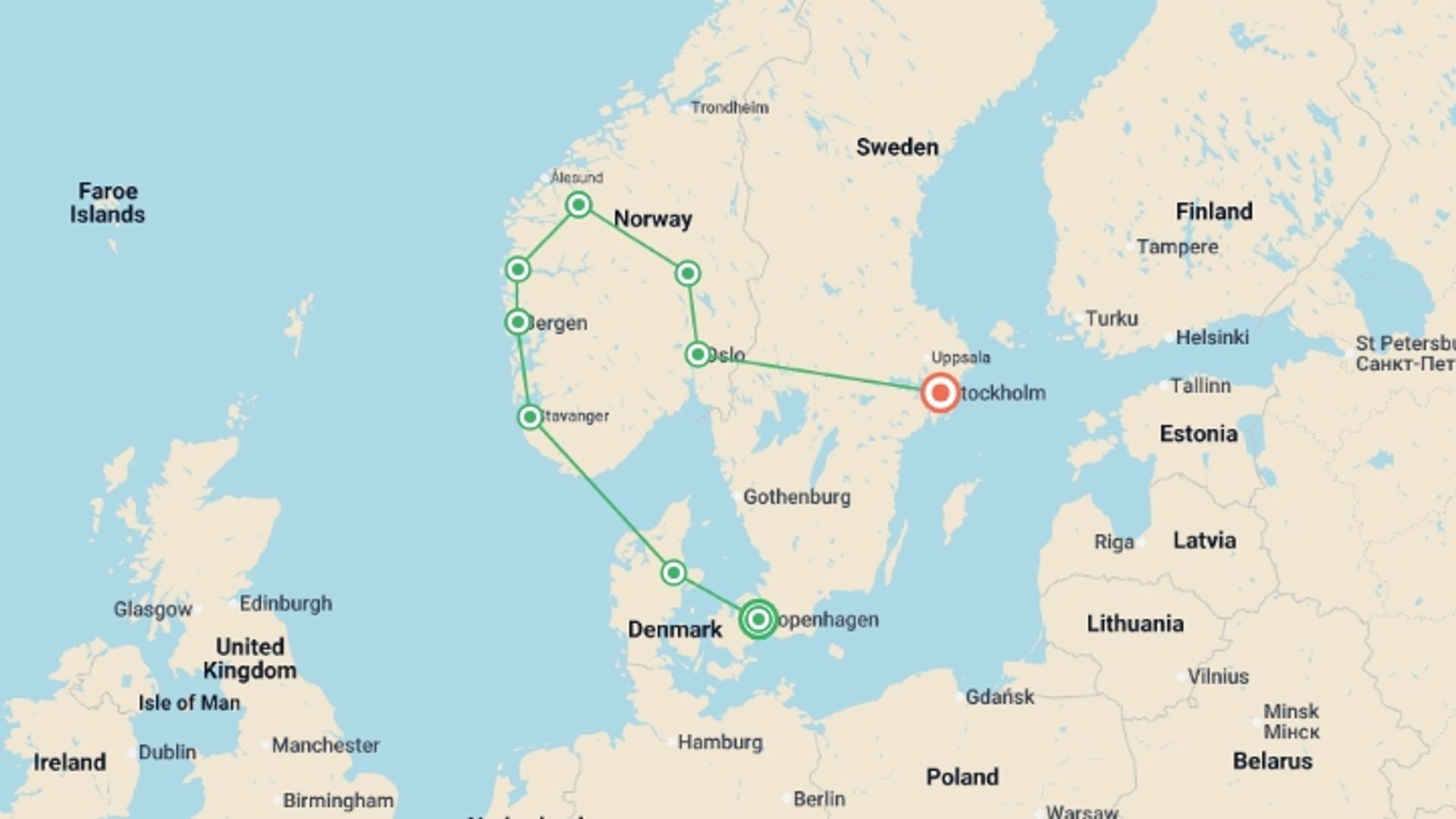 A map showing the tour itinerary for the trip: Scenic Scandinavia and its Fjords, starting in Copenhagen, Denmark and ending in Stockholm, Sweden going through 7 other destinations.