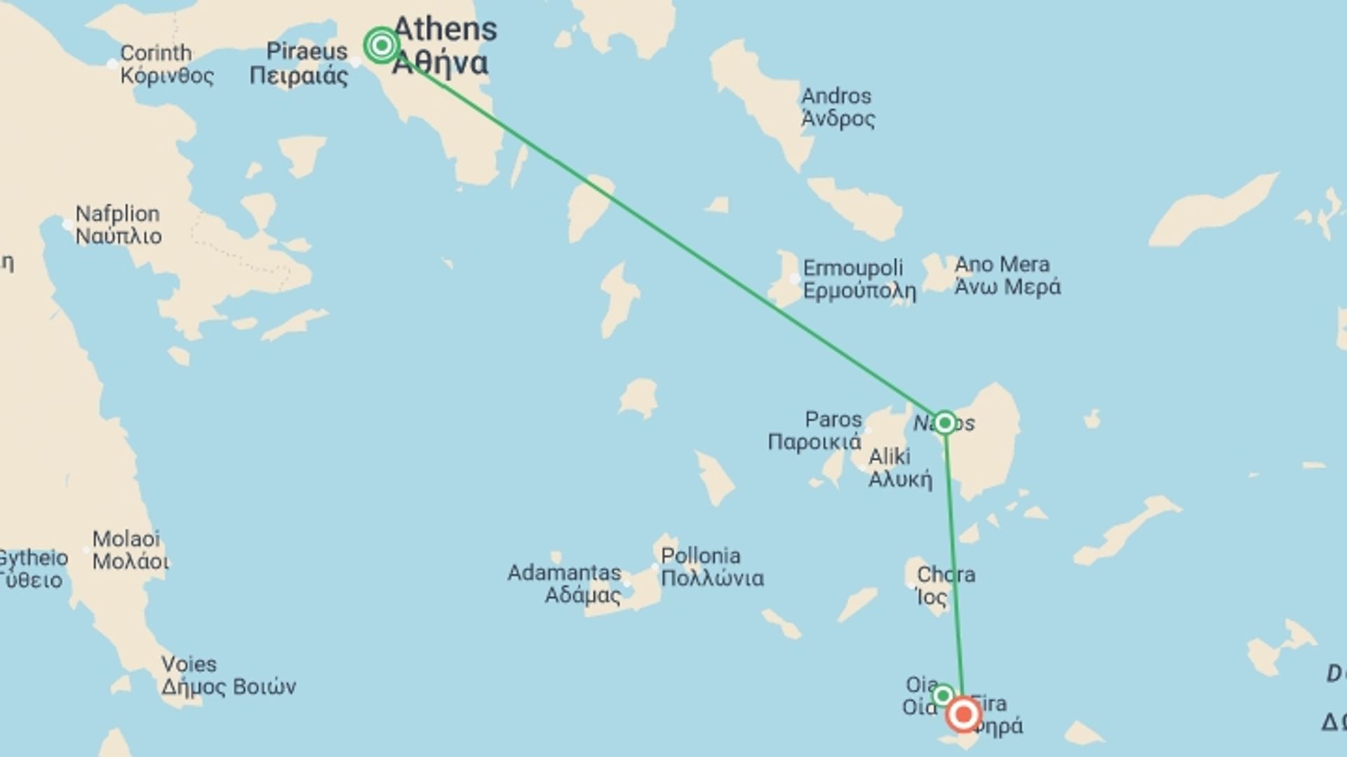A map showing the tour itinerary for the trip: Highlights of the Greek Islands, starting in Athens, Greece and ending in Santorini, Greece going through 2 other destinations.