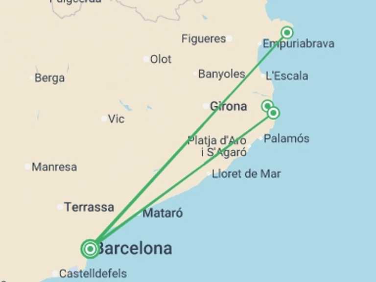 Map itinerary of Europe Tour in Fall with 4 destination visits for the trip: Coastal Walks of Catalunya