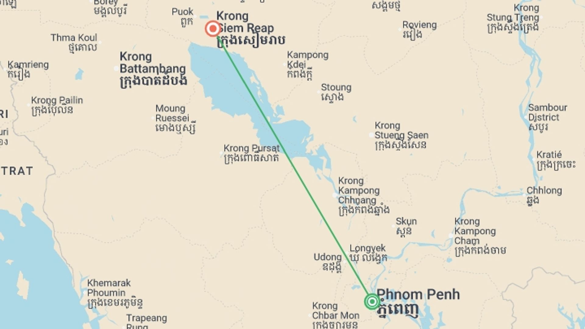 A map showing the tour itinerary for the trip: Premium Cambodia, starting in Phnom Penh, Cambodia and ending in Siem Reap, Cambodia going through 0 other destinations.
