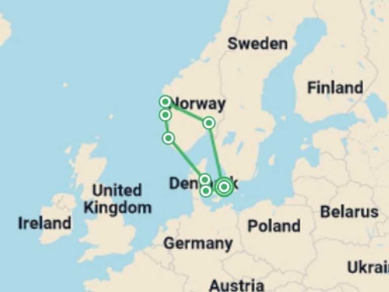 Map of 8-Day Norway Tour with 5 destination visits for the trip: Danish Circle