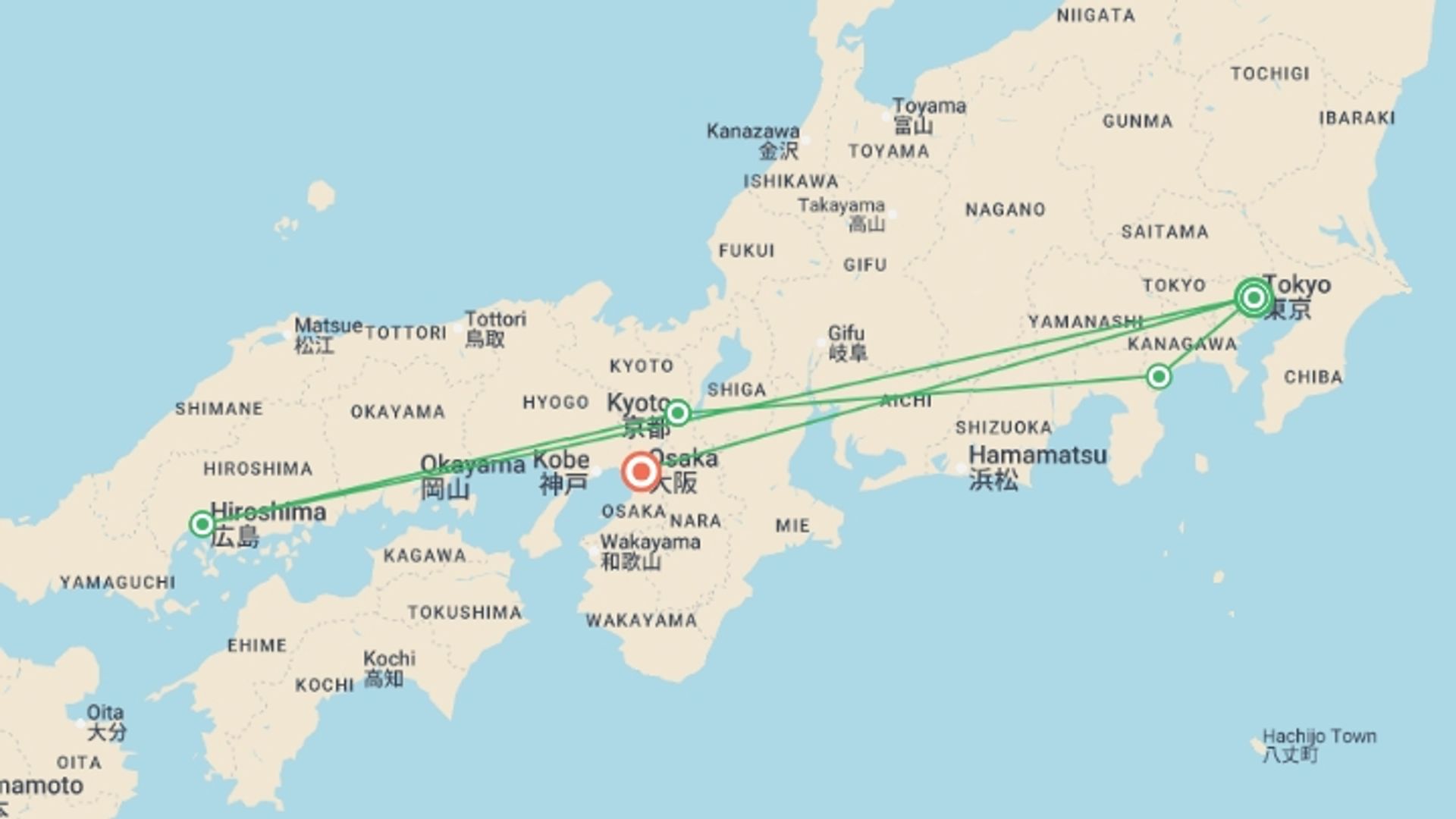 A map showing the tour itinerary for the trip: Japan Uncovered - 11 days, starting in Tokyo, Japan and ending in Osaka, Japan going through 3 other destinations.