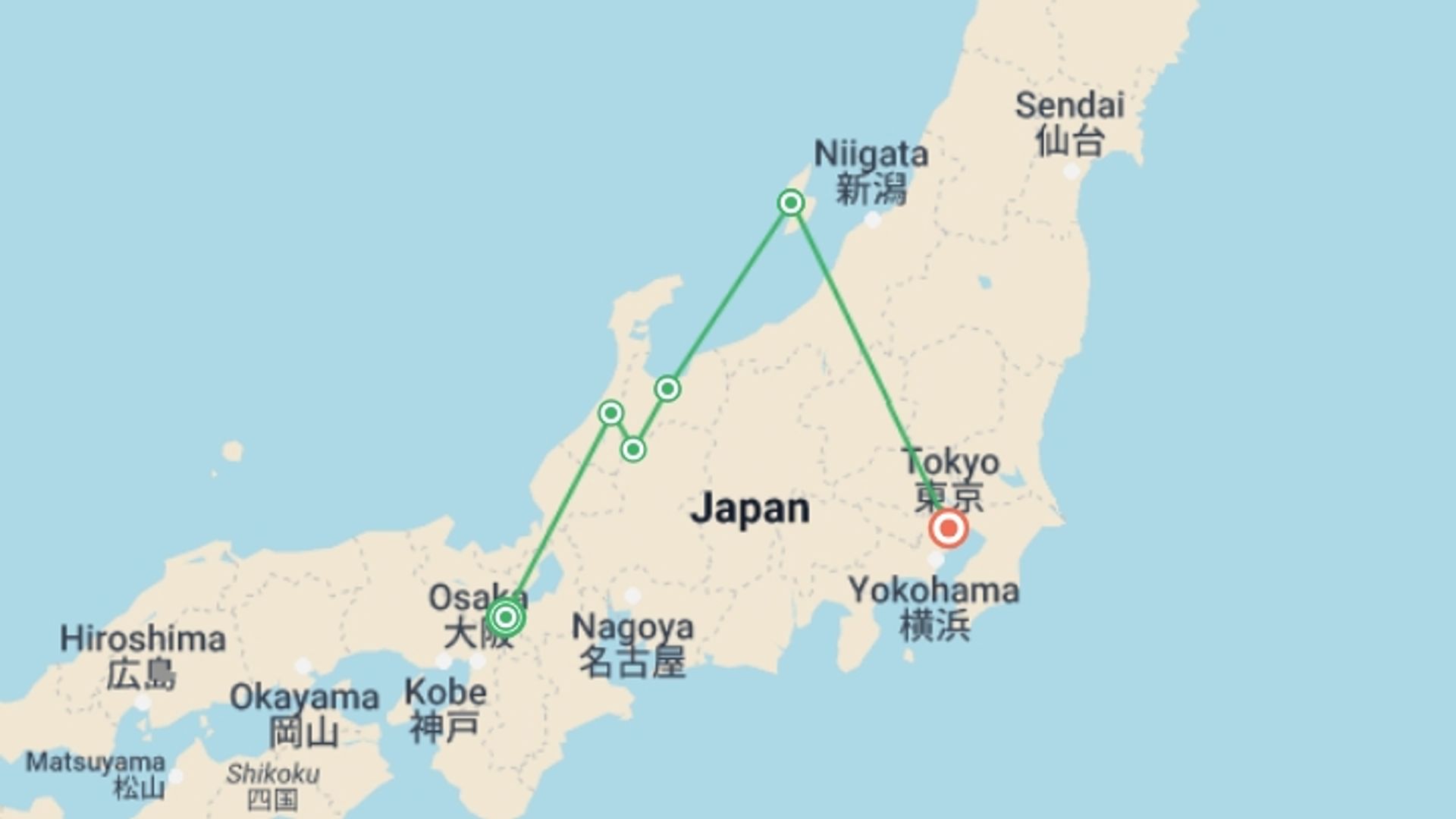 A map showing the tour itinerary for the trip: Cycle Japan, starting in Kyoto, Japan and ending in Tokyo, Japan going through 4 other destinations.