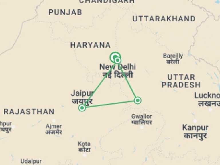 Map itinerary of India Tour in September 2027 with 4 destination visits for the trip: 2 Nights 3 Days Golden Triangle Tour
