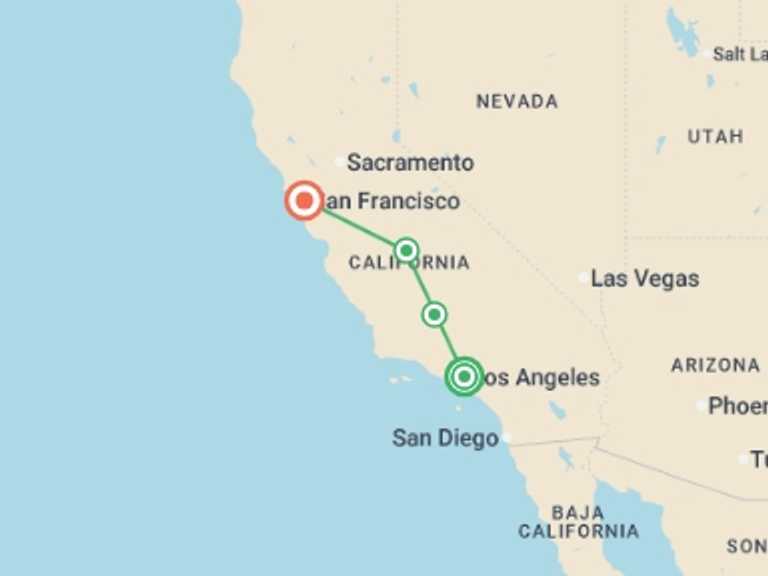 Map itinerary of USA Tour in March 2026 with 4 destination visits for the trip: Fascinating West, Ending in San Francisco