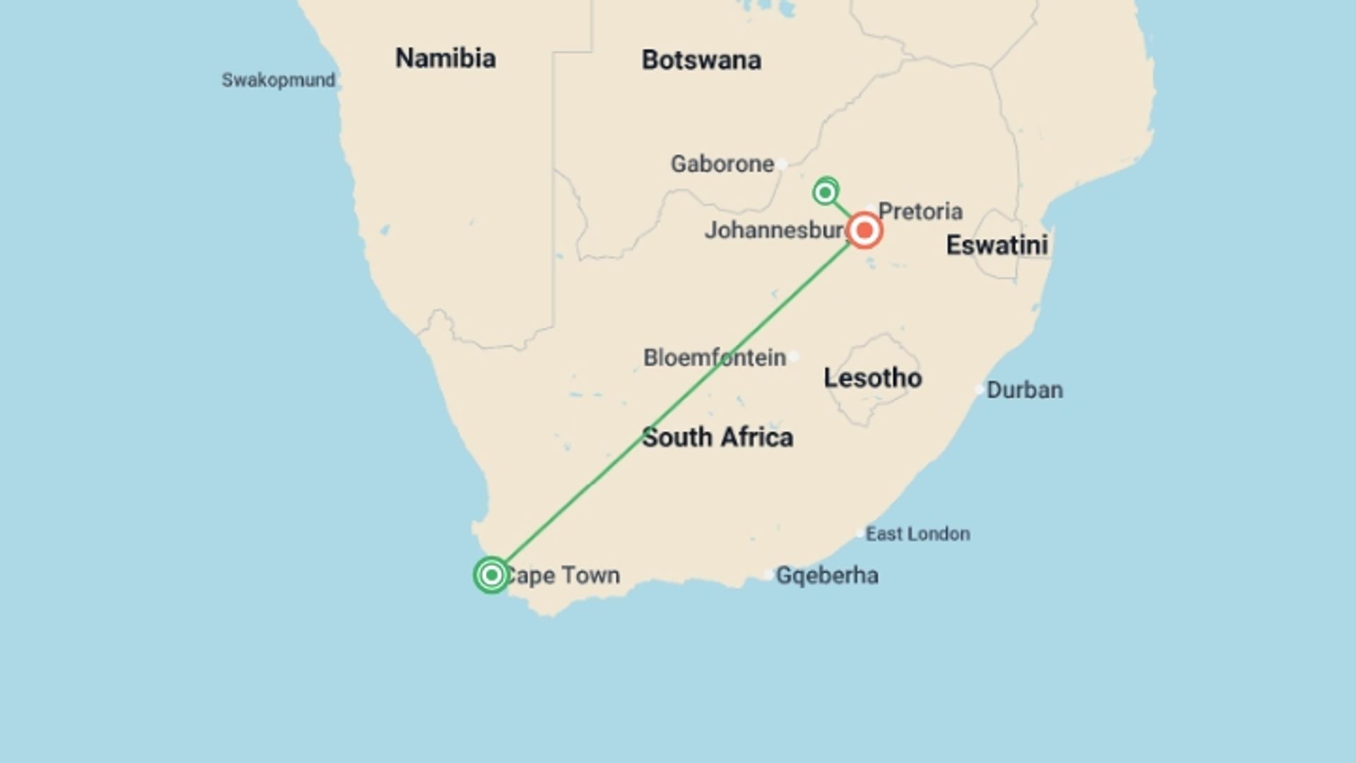 A map showing the tour itinerary for the trip: Cape Town and Sun City, starting in Cape Town, South Africa and ending in Johannesburg, South Africa going through 1 other destinations.