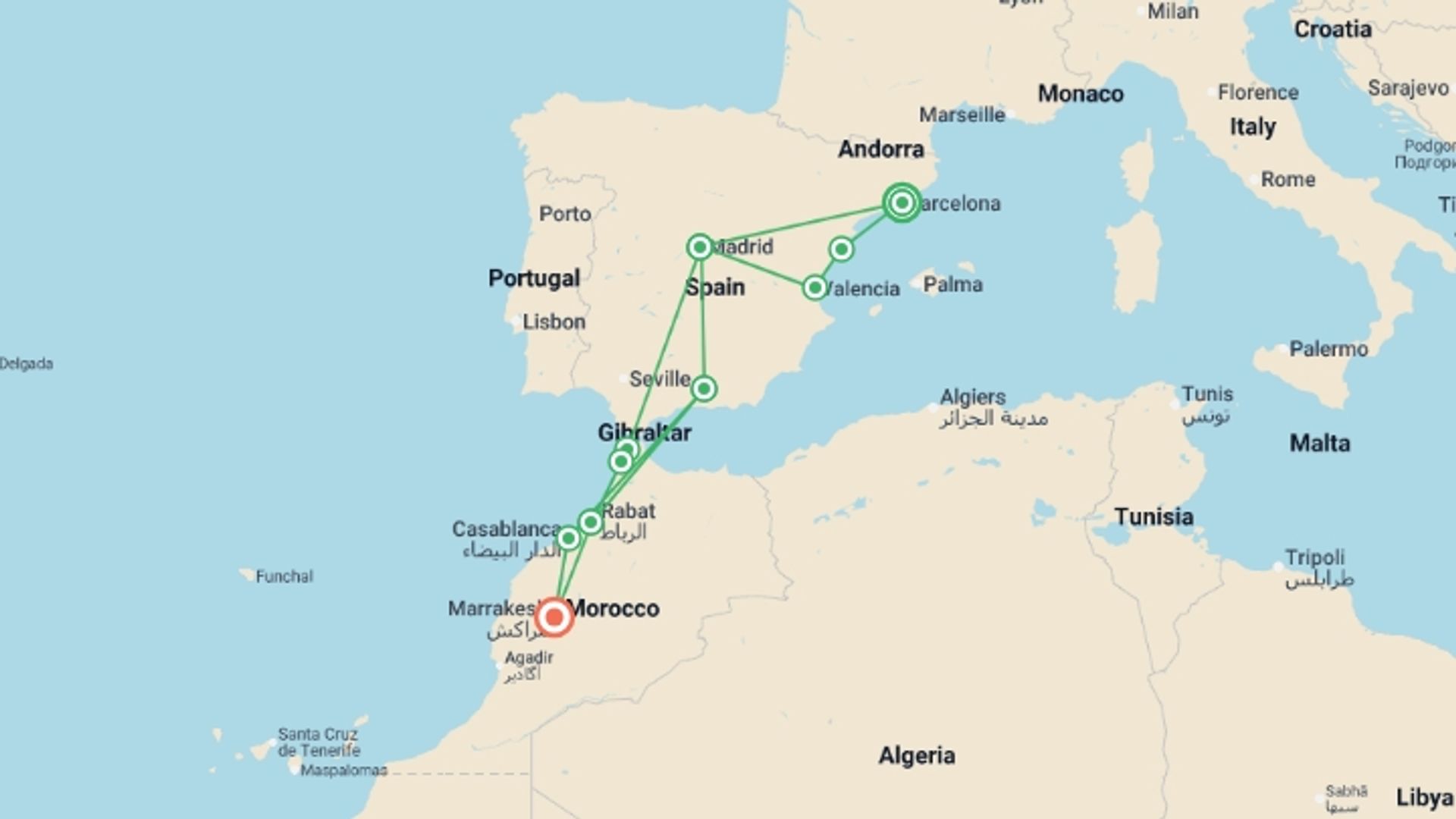 A map showing the tour itinerary for the trip: Spain and Magical Morocco end Marrakesh, starting in Barcelona, Spain and ending in Marrakech, Morocco going through 3 other destinations.