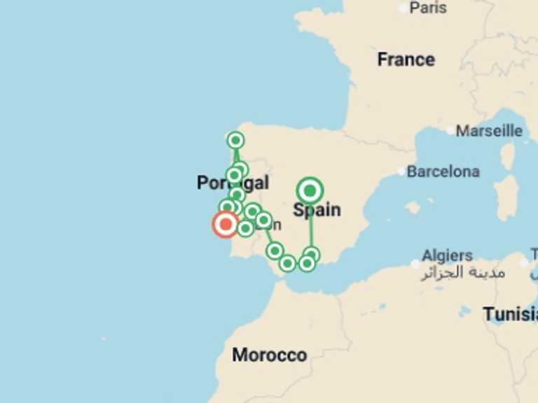 Map of Europe Tour with 8 destination visits for the trip: Andalusia and Portugal completely (Without Alhambra)