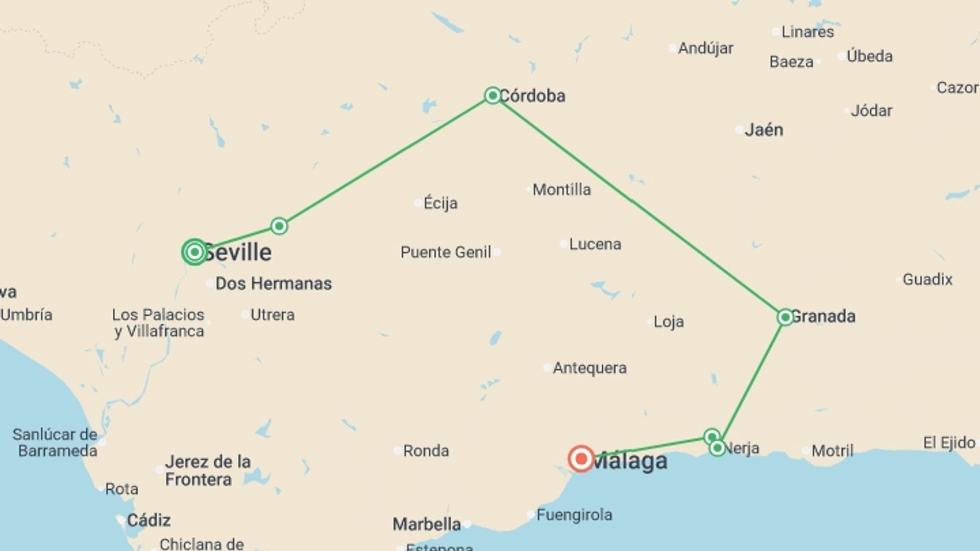 A map showing the tour itinerary for the trip: Route of the Andalusian Sun, starting in Seville, Spain and ending in Malaga, Spain going through 2 other destinations.