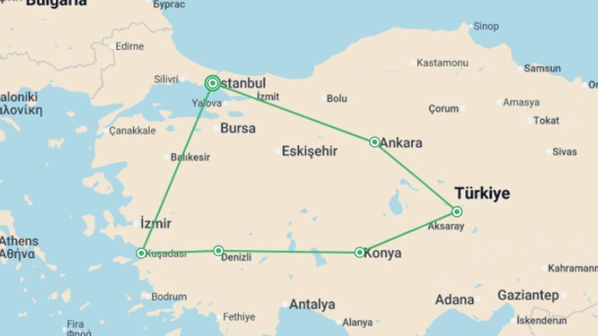 A map showing the tour itinerary for the trip: Turkey, starting in Istanbul, Turkey and ending in Istanbul, Turkey going through 5 other destinations.