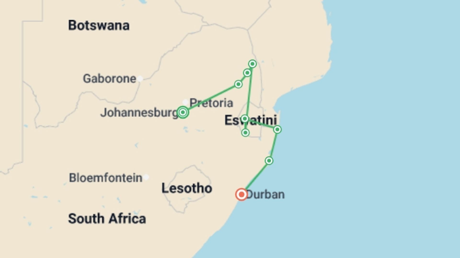 A map showing the tour itinerary for the trip: Family South Africa Safari and Beach Adventure, starting in Johannesburg, South Africa and ending in Durban, South Africa going through 7 other destinations.