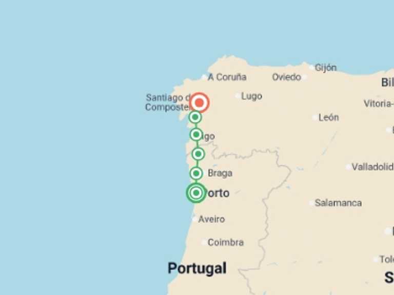 Map of Europe Tour with 6 destination visits for the trip: Camino de Santiago Biking Adventure 7D/6N (from Porto)