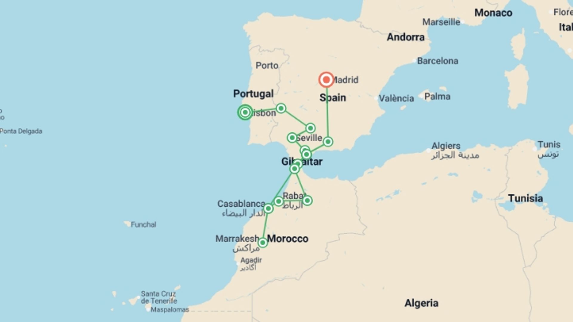 A map showing the tour itinerary for the trip: Iberian & Moroccan Grand Discovery (Superior) - 17 days , starting in Lisbon, Portugal and ending in Madrid, Spain going through 7 other destinations.