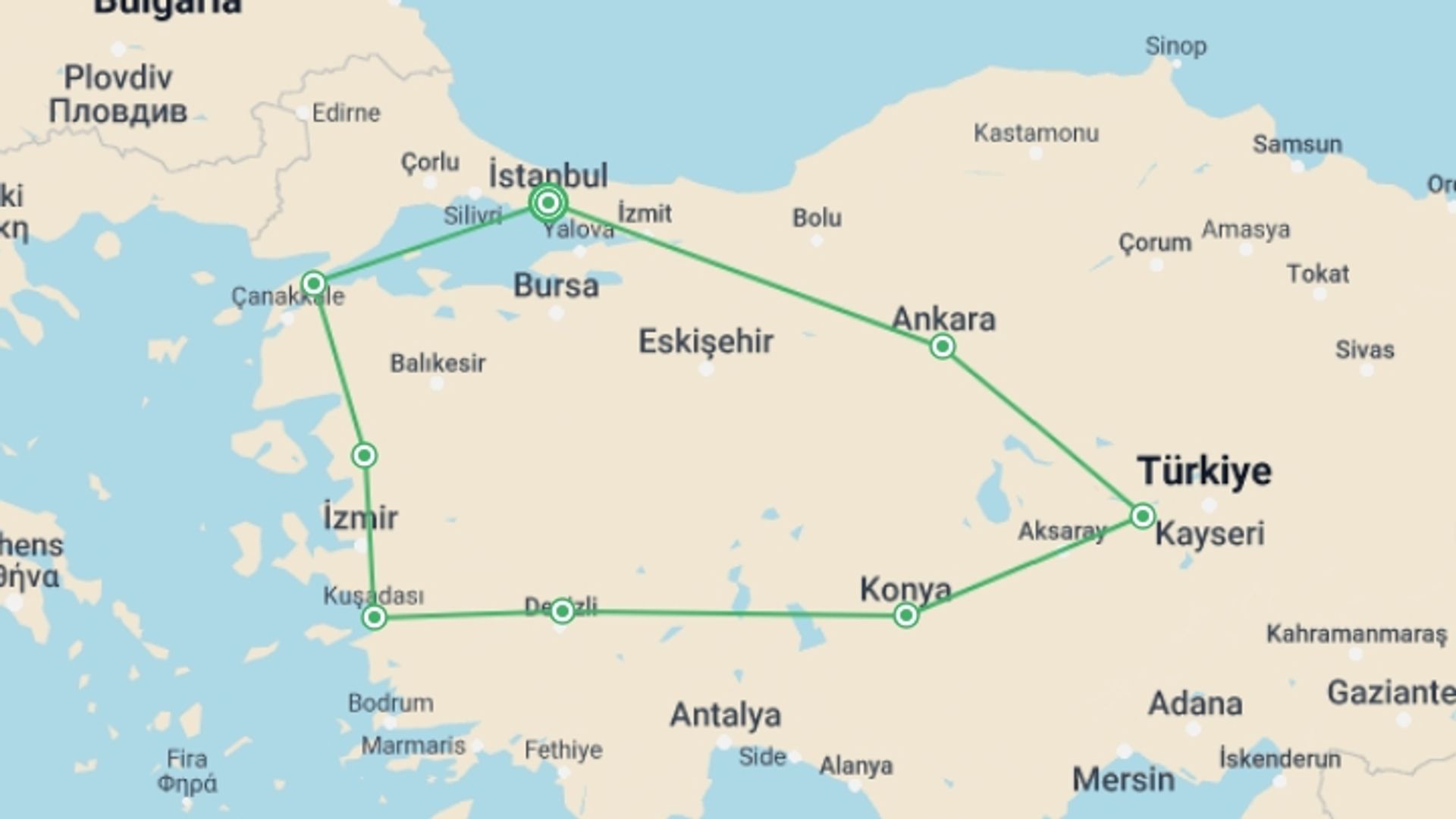 A map showing the tour itinerary for the trip: Magic Carpet Tour, starting in Istanbul, Turkey and ending in Istanbul, Turkey going through 11 other destinations.