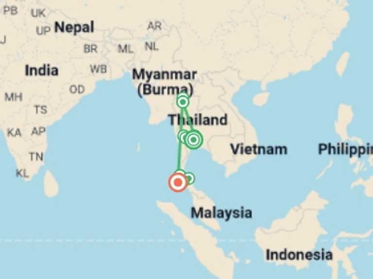 Map itinerary of Thailand Tour in March 2027 with 10 destination visits for the trip: Best of Thailand Family Holiday