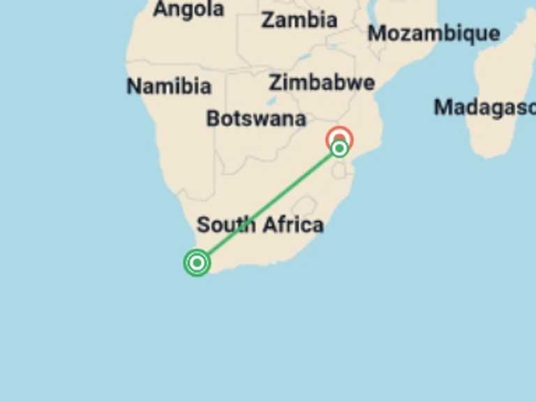 Map itinerary of Africa Tour in May 2027 with 3 destination visits for the trip: Cape Town & Kruger - 9 days