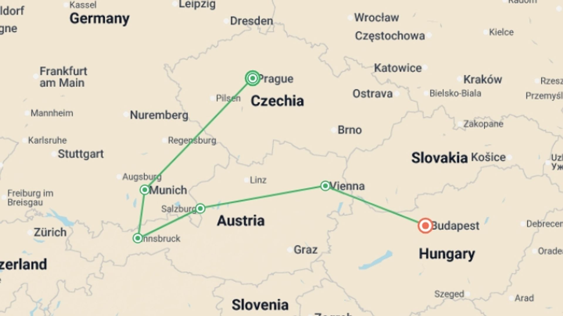 A map showing the tour itinerary for the trip: Eastern Whispers, starting in Prague, Czech Republic and ending in Budapest, Hungary going through 4 other destinations.