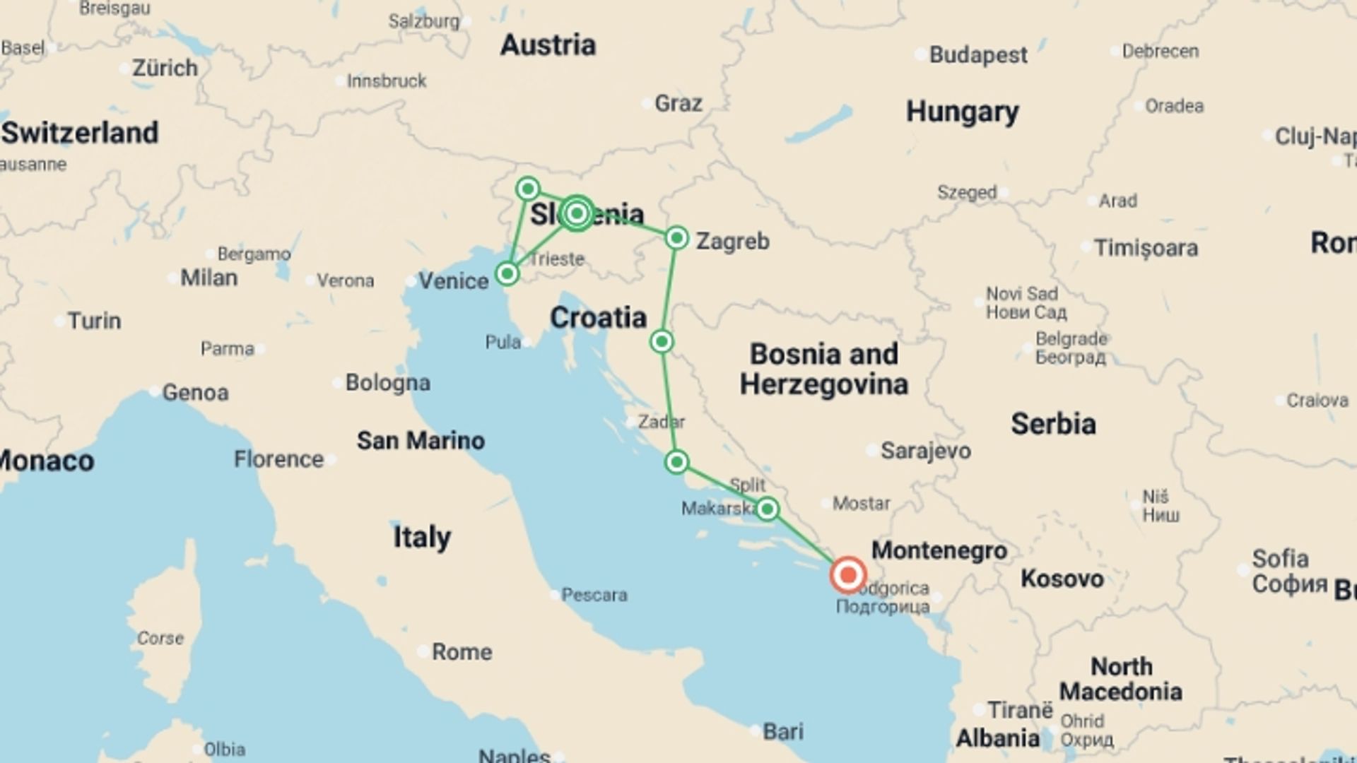 A map showing the tour itinerary for the trip: Highlights of Slovenia & Croatia, starting in Ljubljana, Slovenia and ending in Dubrovnik, Croatia going through 6 other destinations.