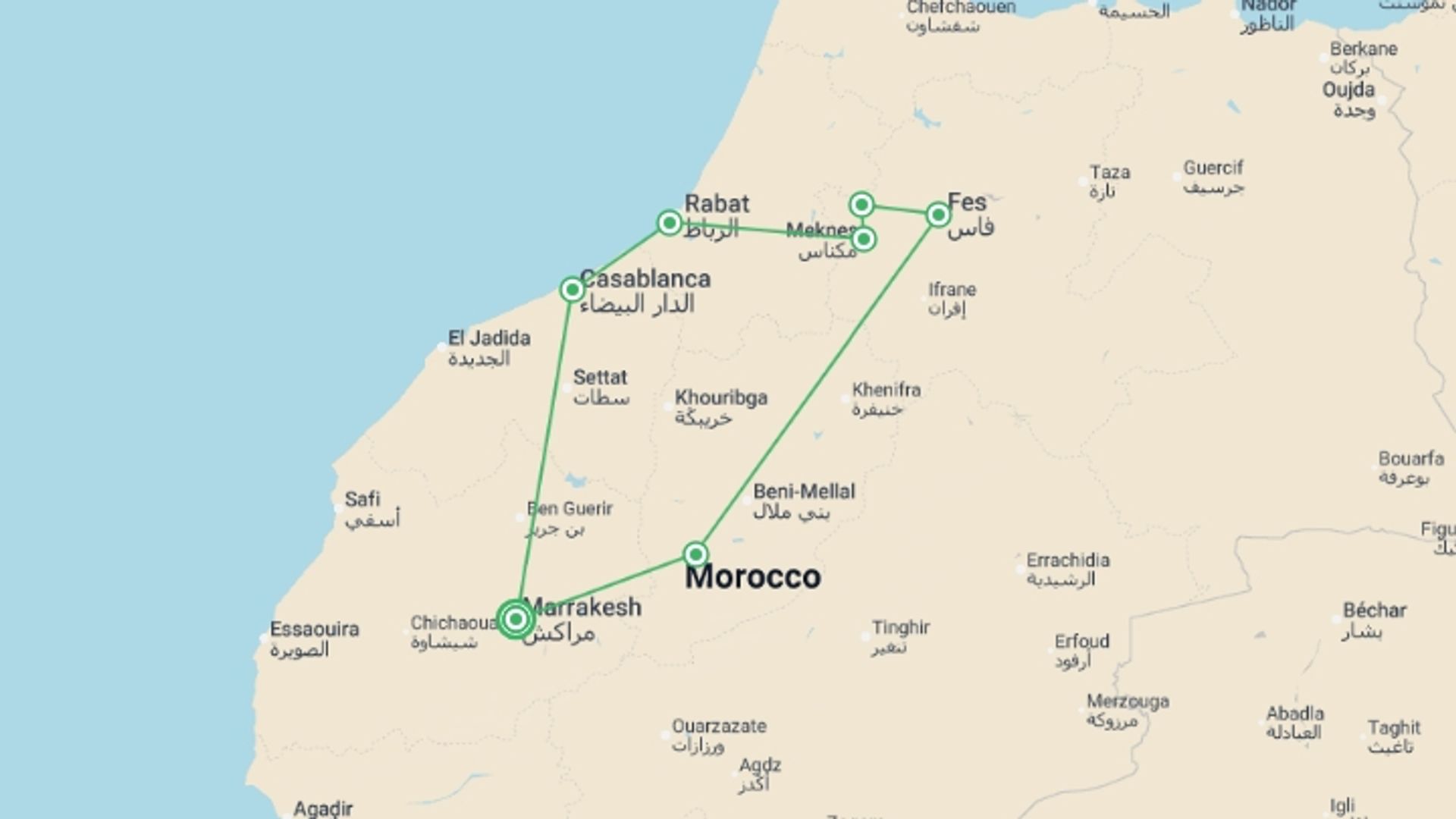 A map showing the tour itinerary for the trip: Marrakesh and Imperial Capitals, starting in Marrakech, Morocco and ending in Marrakech, Morocco going through 3 other destinations.