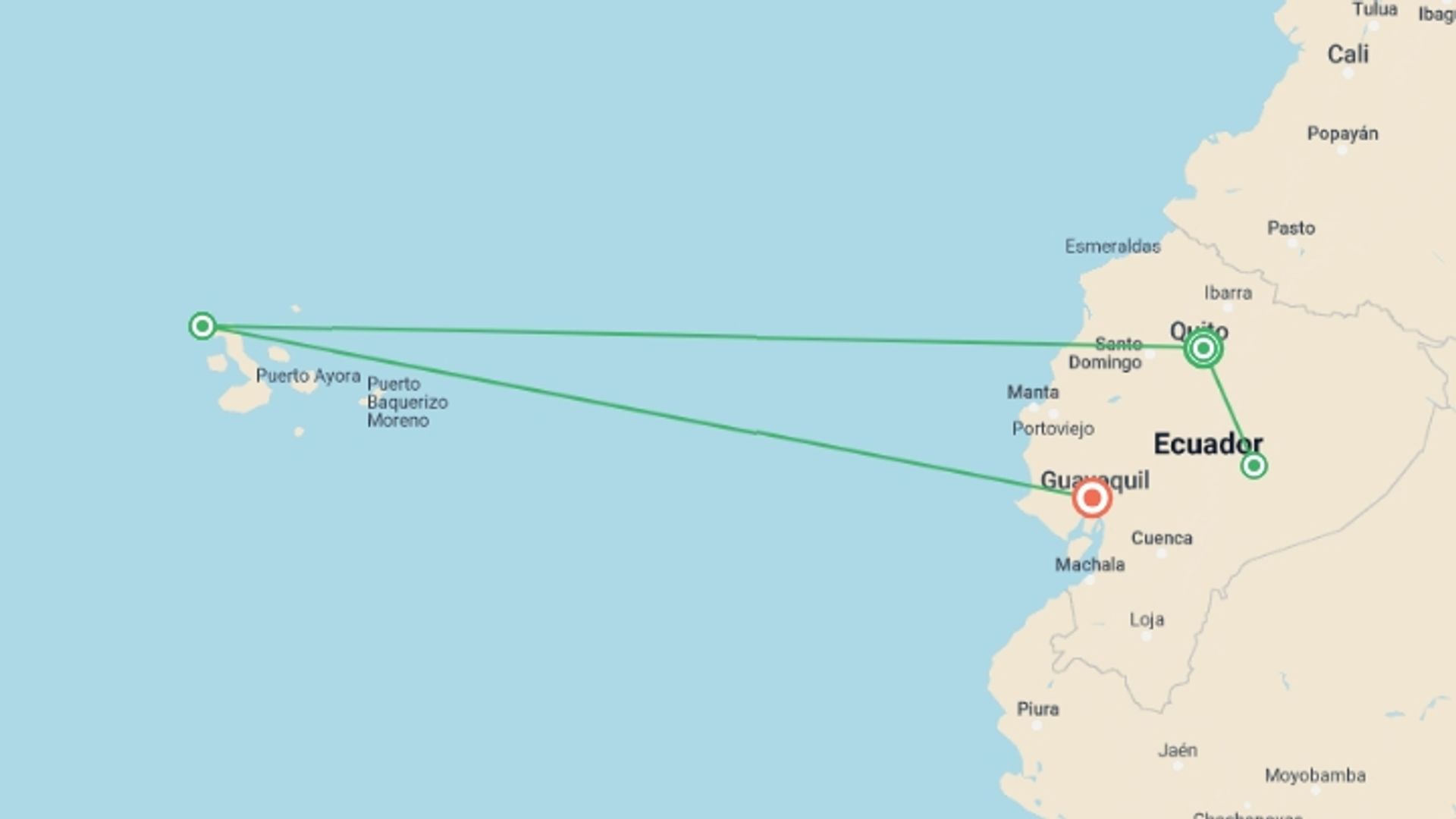 A map showing the tour itinerary for the trip: Galapagos & Amazon (Archipel I), starting in Quito, Ecuador and ending in Guayaquil, Ecuador going through 2 other destinations.