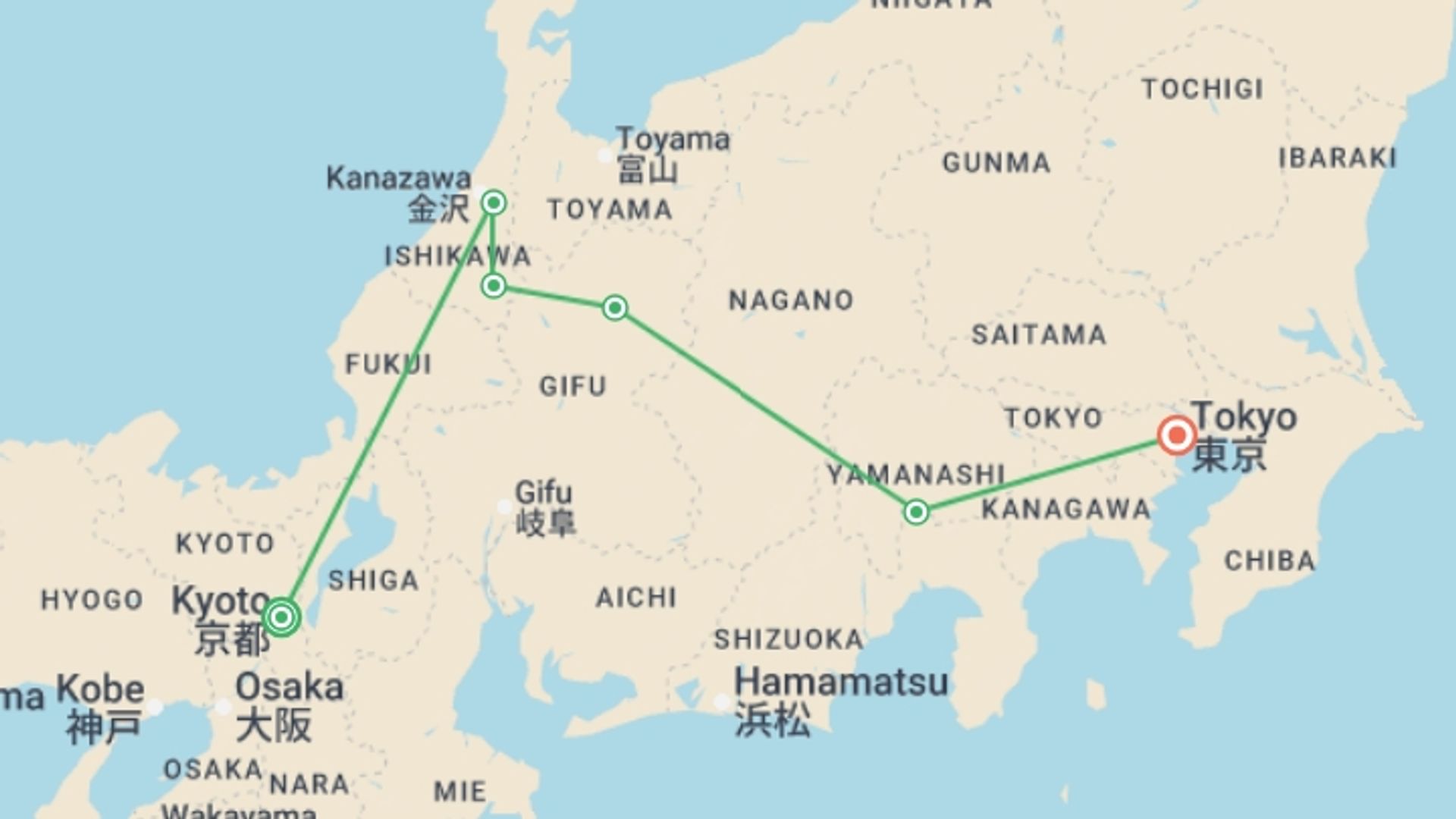 A map showing the tour itinerary for the trip: Essential Japan, starting in Kyoto, Japan and ending in Tokyo, Japan going through 2 other destinations.