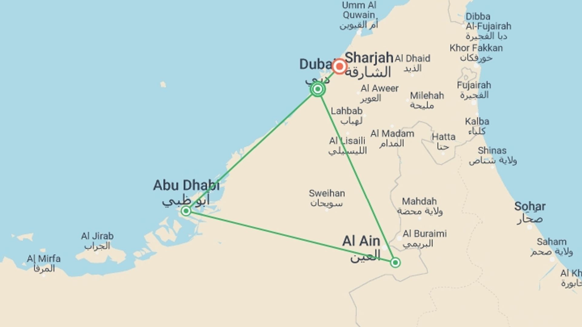 A map showing the tour itinerary for the trip: Essential Dubai With Abu Dhabi, starting in Dubai, UAE and ending in Al Ain, Al Ain going through 2 other destinations.