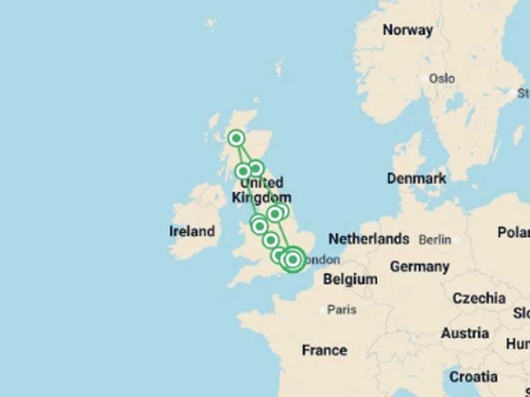 Map itinerary of Europe Tour in August 2026 with 7 destination visits for the trip: England and Scotland Heritage