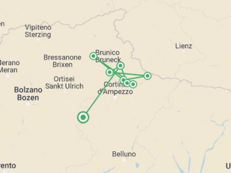 Map itinerary of Italy Tour in August 2027 with 8 destination visits for the trip: Classic Dolomites Hikes - Premium Adventure