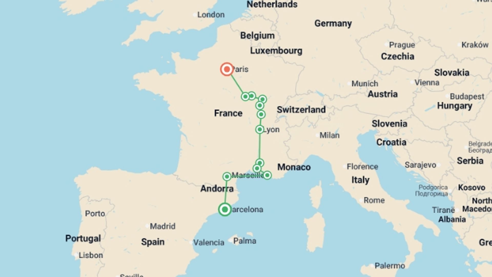 A map showing the tour itinerary for the trip: Catalonia, Provence, Burgundy with Paris, starting in Barcelona, Spain and ending in Paris, France going through 4 other destinations.