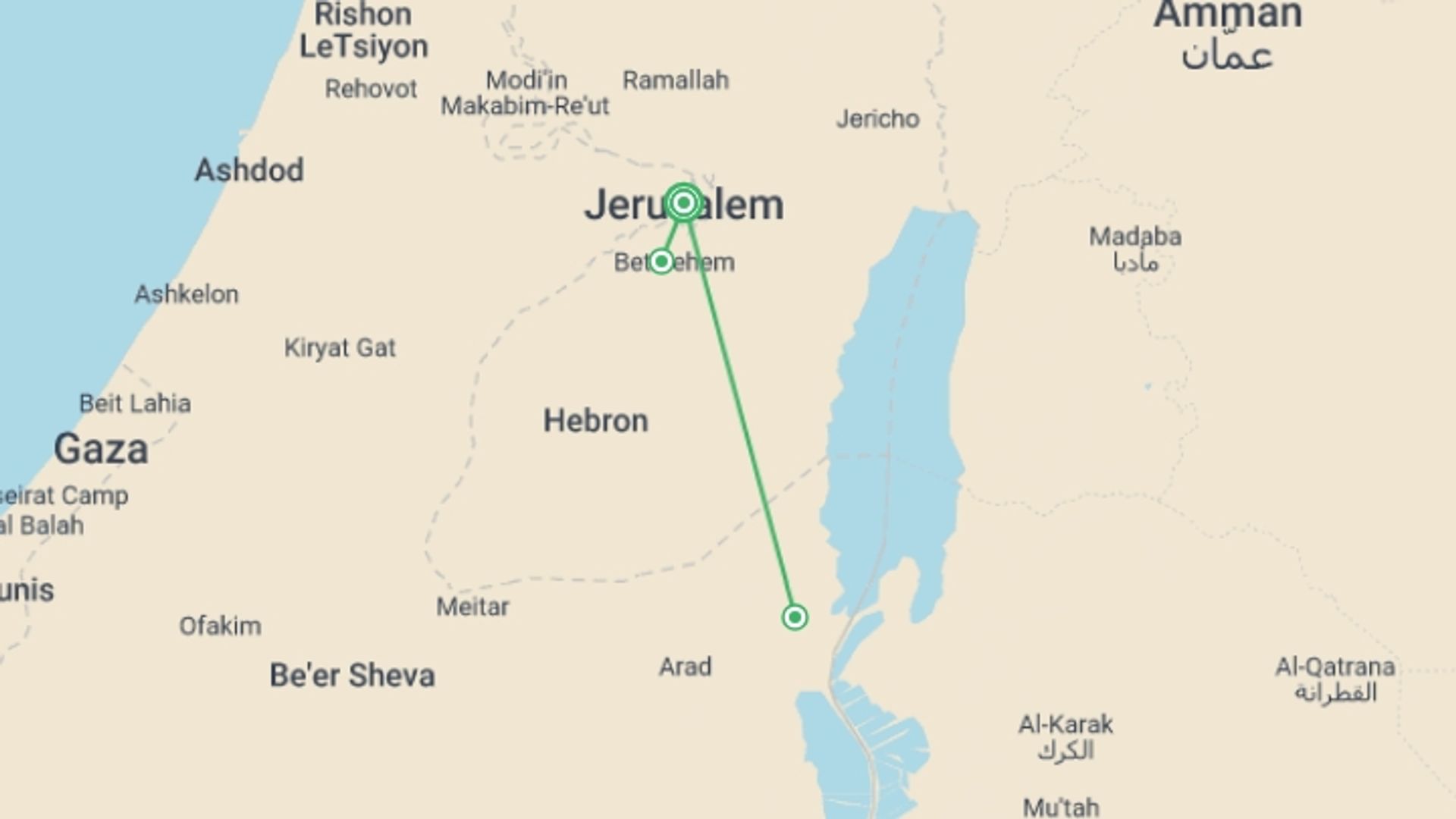 A map showing the tour itinerary for the trip: The Peace Route, Spanish-speaking Guide (thursday), starting in Jerusalem, Israel and ending in Jerusalem, Israel going through 0 other destinations.