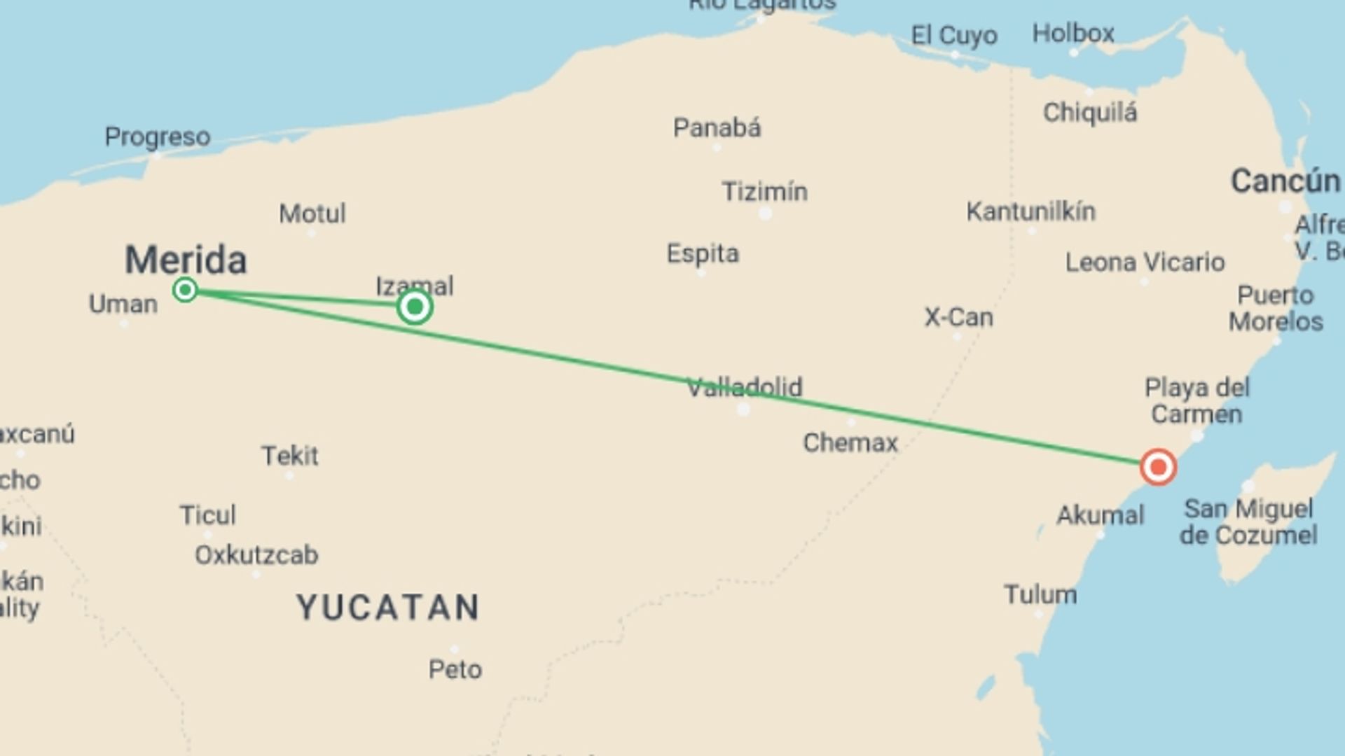 A map showing the tour itinerary for the trip: Premium Yucatan Backroads, starting in Izamal, Mexico and ending in Riviera Maya, Mexico going through 2 other destinations.