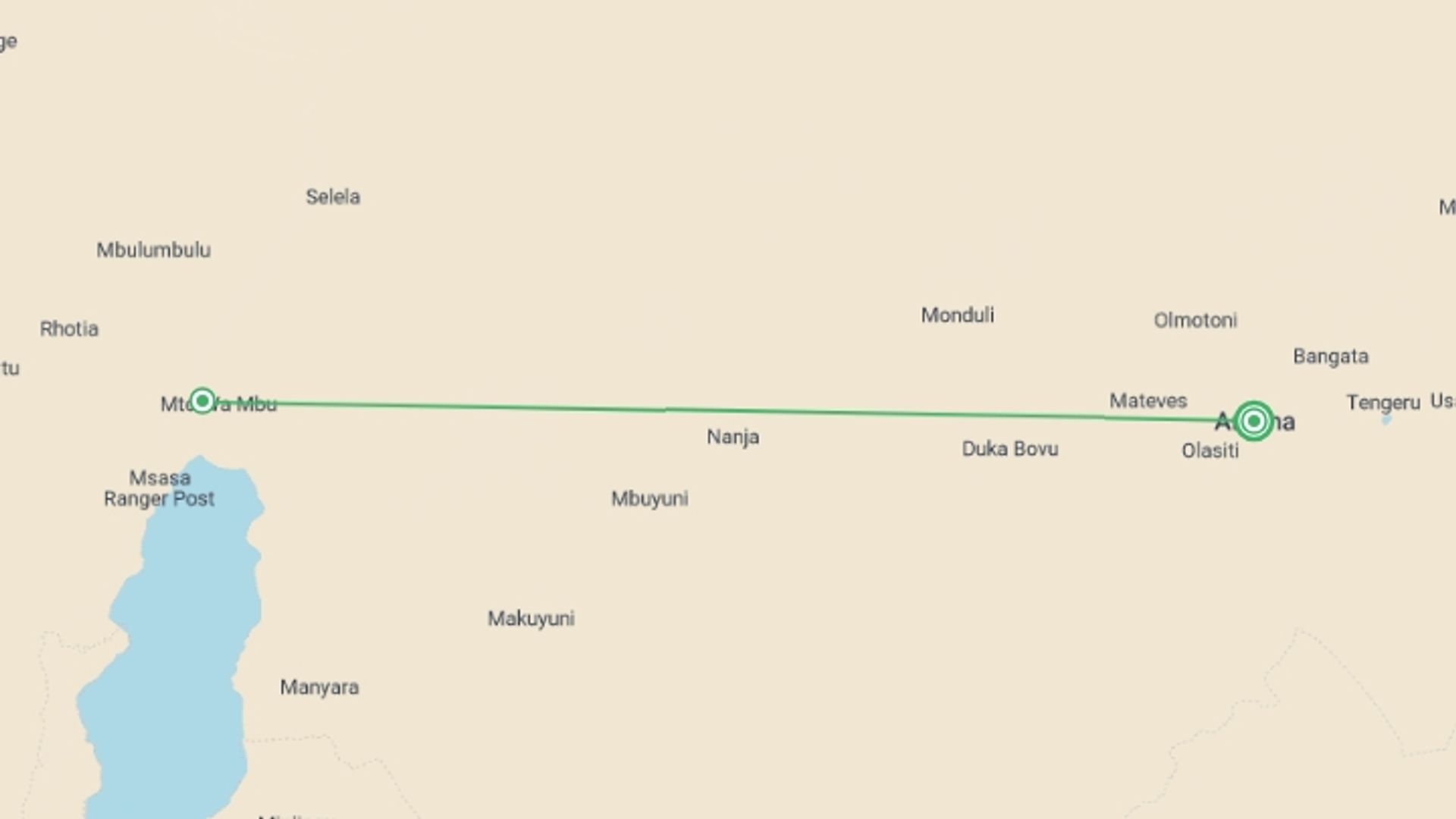 A map showing the tour itinerary for the trip: 2-Day Tanzania Camping Safari, starting in Arusha, Tanzania and ending in Arusha, Tanzania going through 2 other destinations.