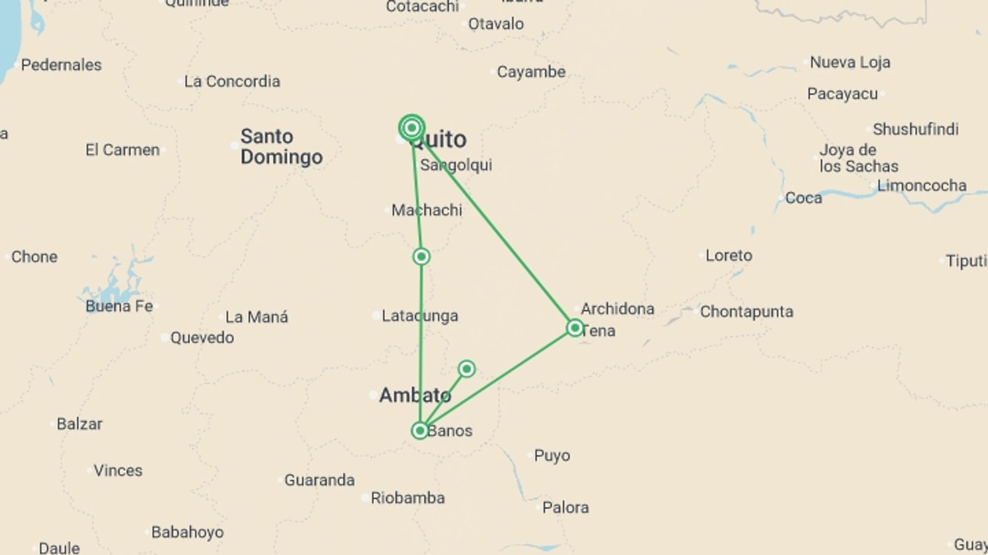 A map showing the tour itinerary for the trip: Ecuador Multisport, starting in Quito, Ecuador and ending in Quito, Ecuador going through 4 other destinations.
