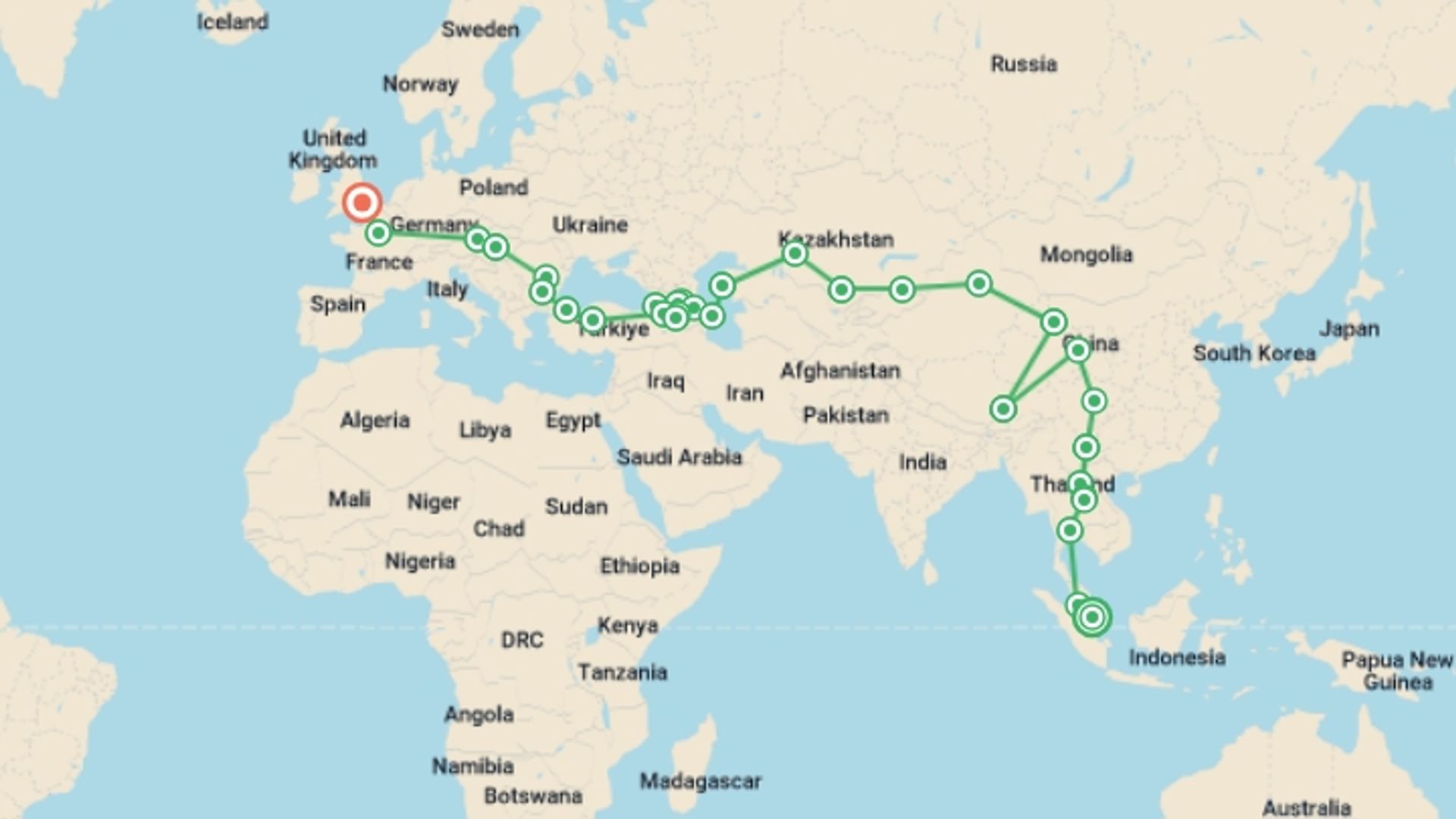 A map showing the tour itinerary for the trip: Grand Asian Caravan, starting in Singapore, Singapore and ending in London, England going through 30 other destinations.